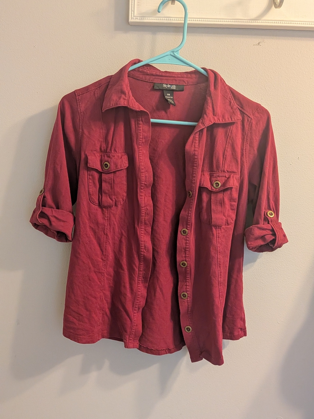 Style & Co. 100% Cotton Red Button-Front Utility Shirt Petite
